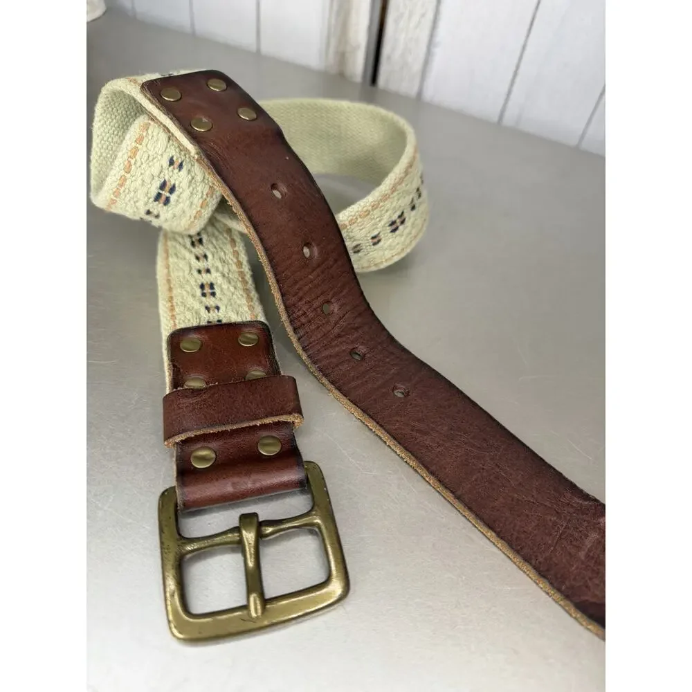 Vintage Lucky Brand Leather & Canvas Belt Brass Buckle Y2K 90's Women's Sz 30